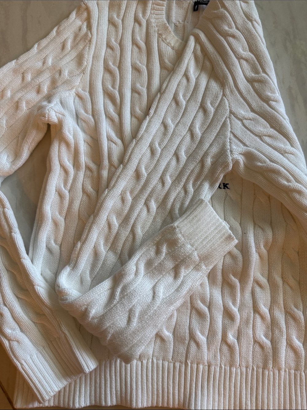 Lauren Ralph Lauren White Cable-Knit Crewneck Sweater with Navy Crest - Picture 4 of 4